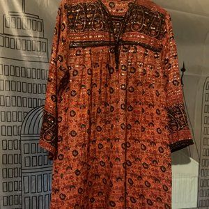 Vintage Indian Print Gauze Midi Length Peasant Dress- Sold As Is- Mended